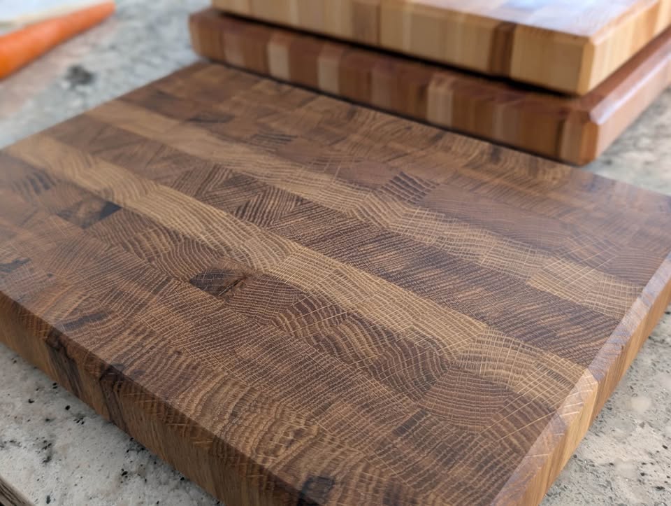 Close-up of a thick end-grain hardwood cutting board